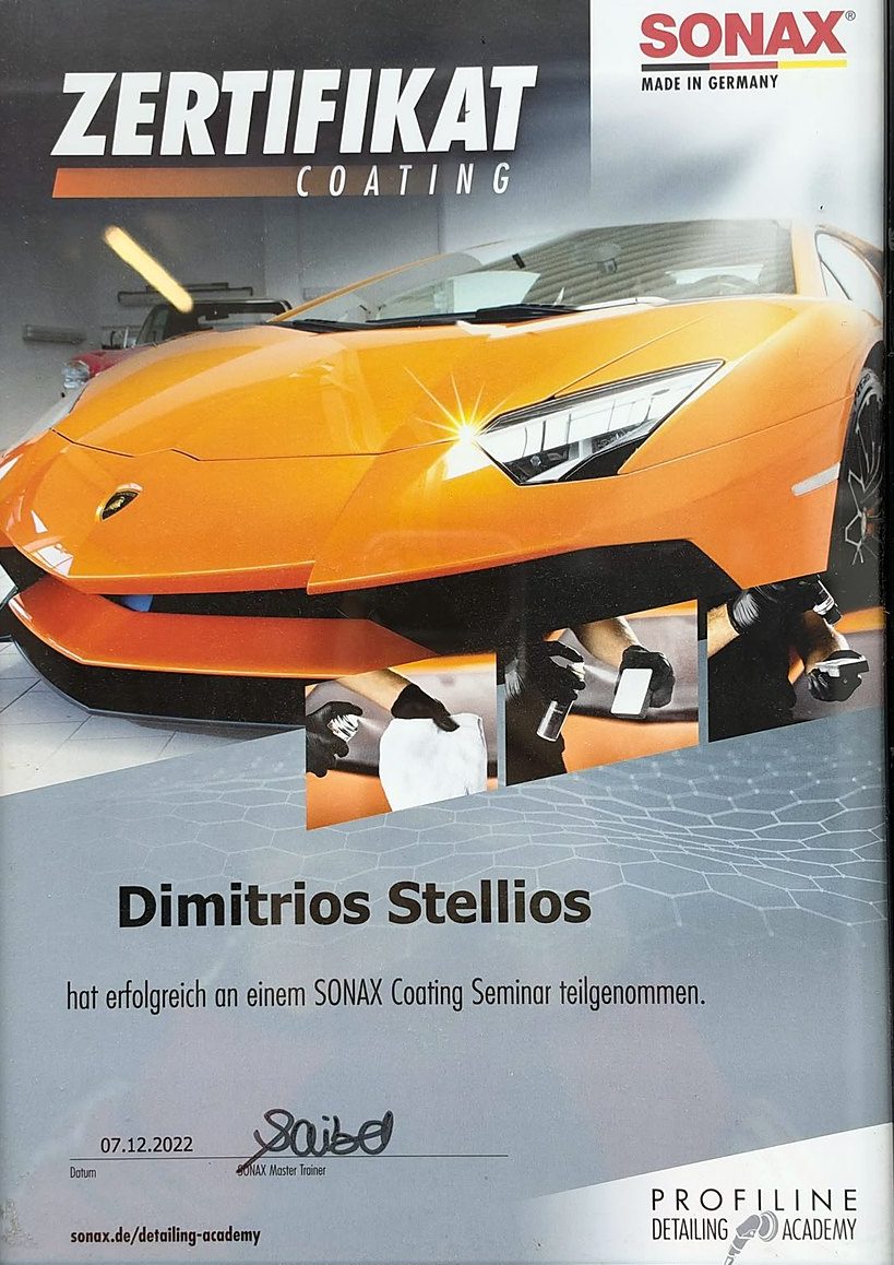 SONAX-Zertifikat Coating für Dimitrios Stellios vom 07.12.2022